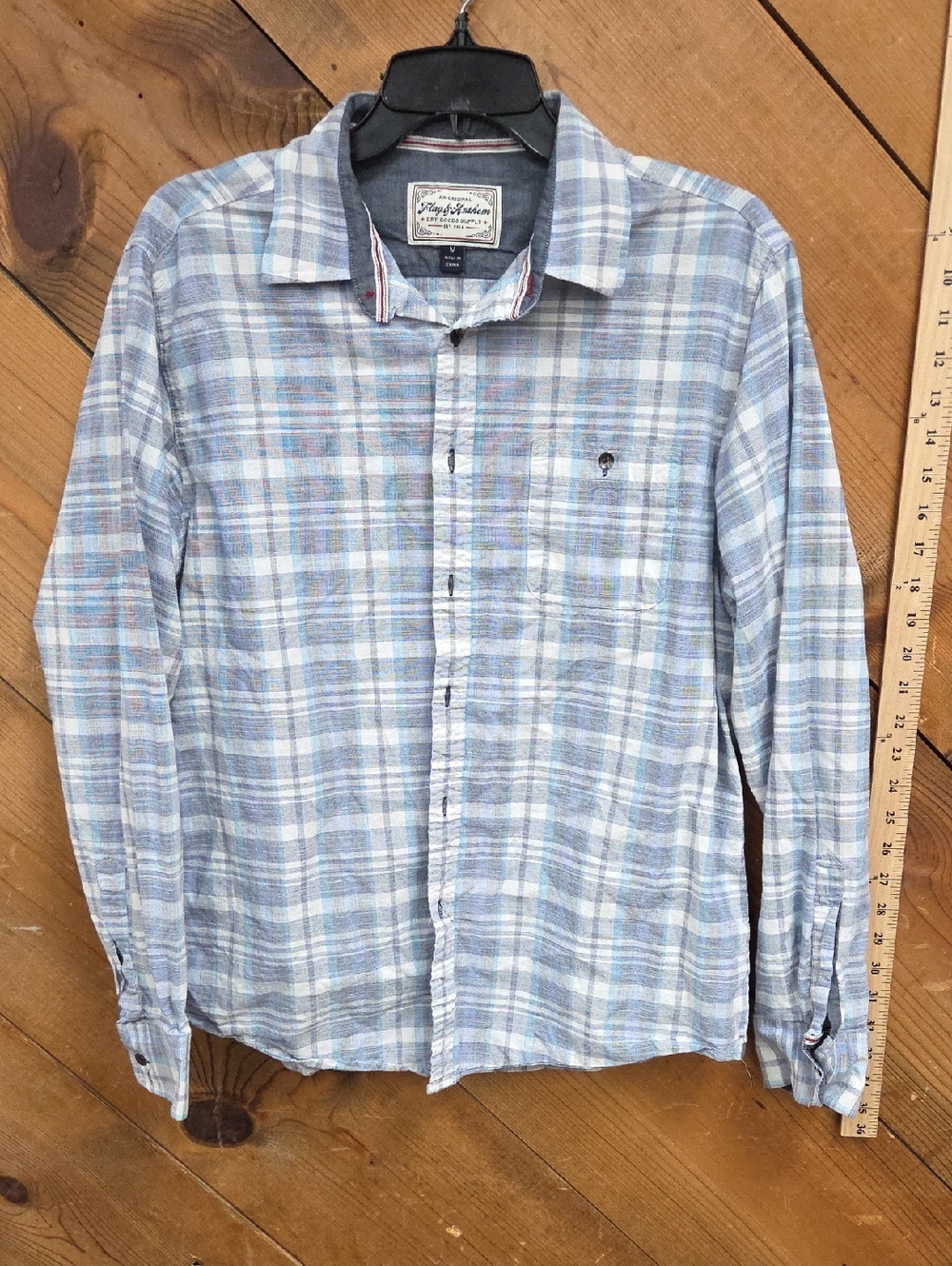 Flag & Ant8hem Light Blue Plaid Long-Sleeve Shirt 100%cotton Medium